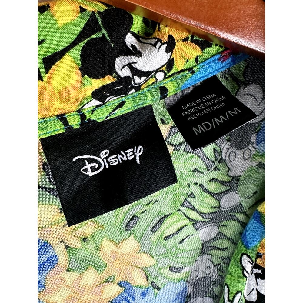 Disney Mickey Mouse Floral Hawaiian Vacation Rayon Shirt Green Blue Mens Medium - Picture 2 of 4